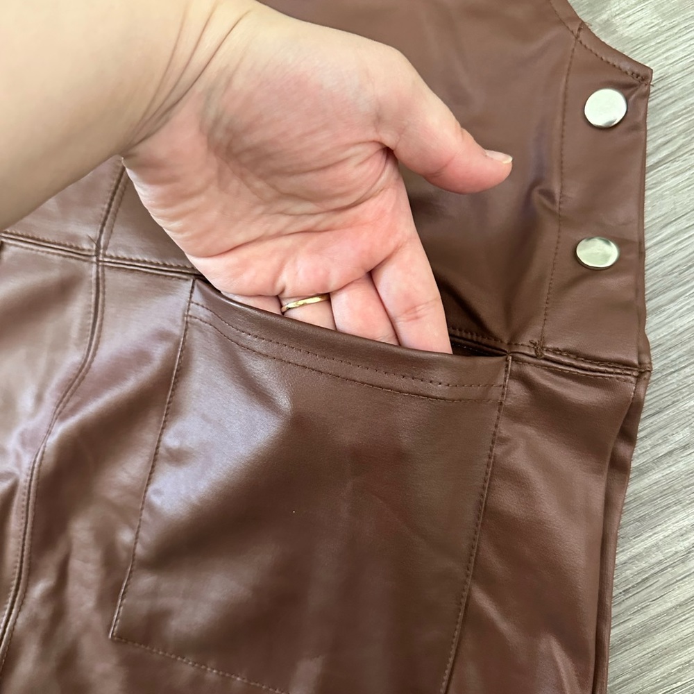 No comment| Chocolate Brown Leather Like Overall Mini Dress - Picture 3 of 6